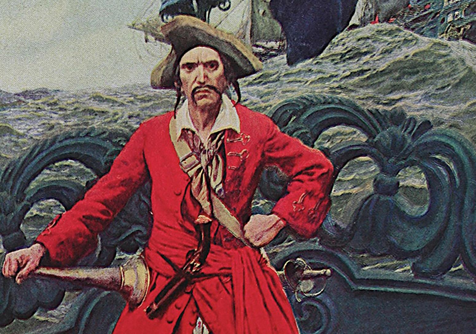 Illustration of pirate in a red coat and tricorn hat with a ship's railing and the sea behind him